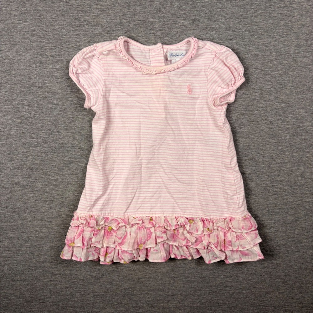 Ralph Lauren Dress Girls 9M Pink Striped Floral Ruffle Hem Cotton Short Sleeve